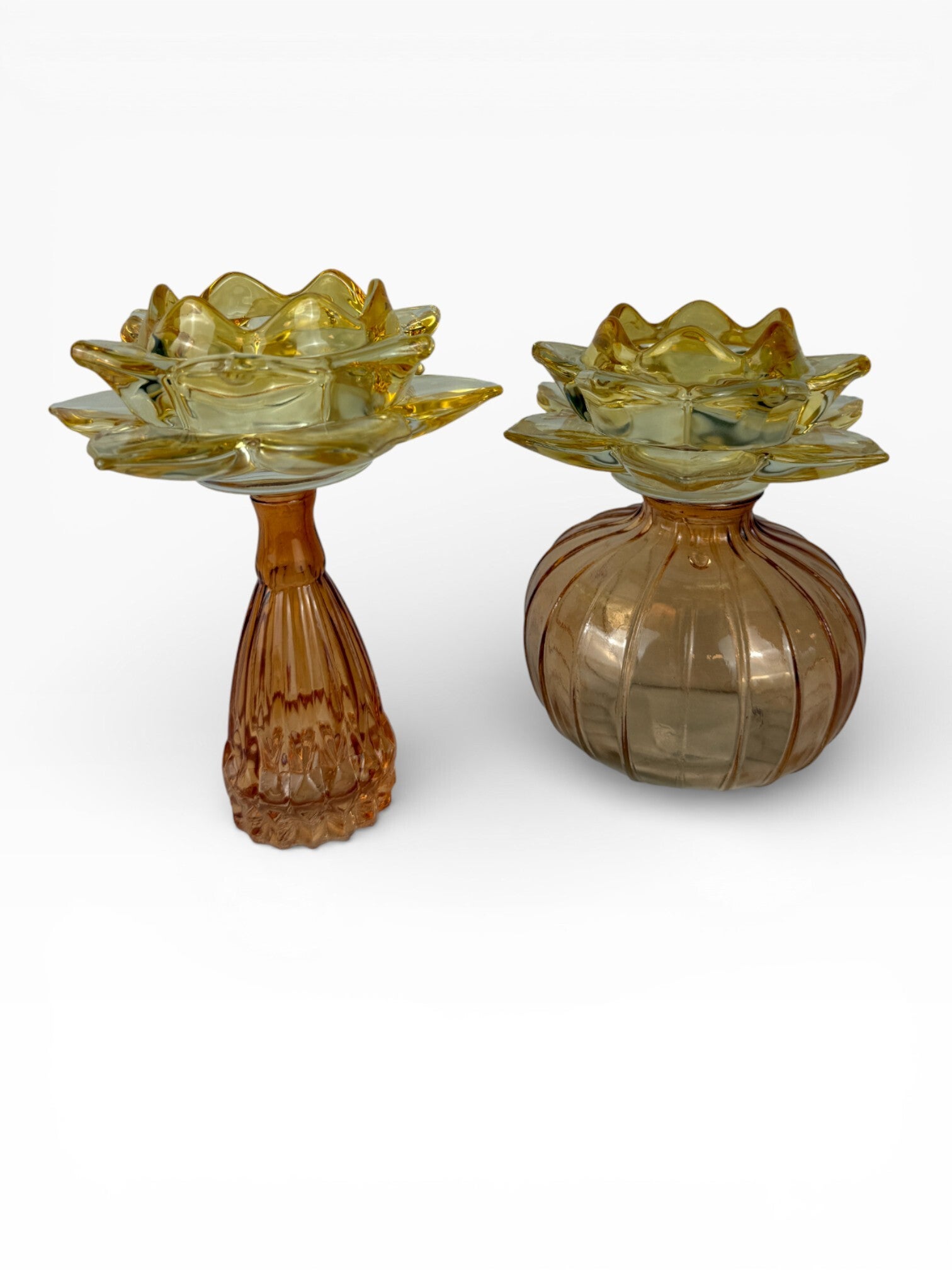 Vintage glazen waxinehouders – goud & amber | set van 2