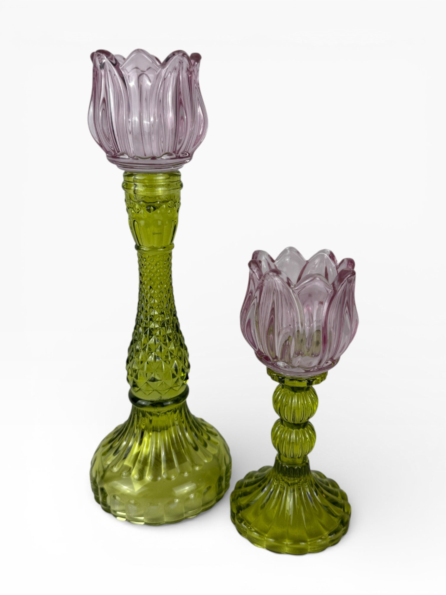 Vintage glazen waxinehouders – lila & groen | set van 2
