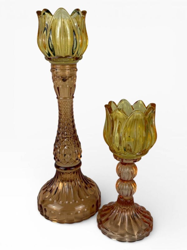 Vintage glazen waxinehouders – amber & goudtint | set van 2