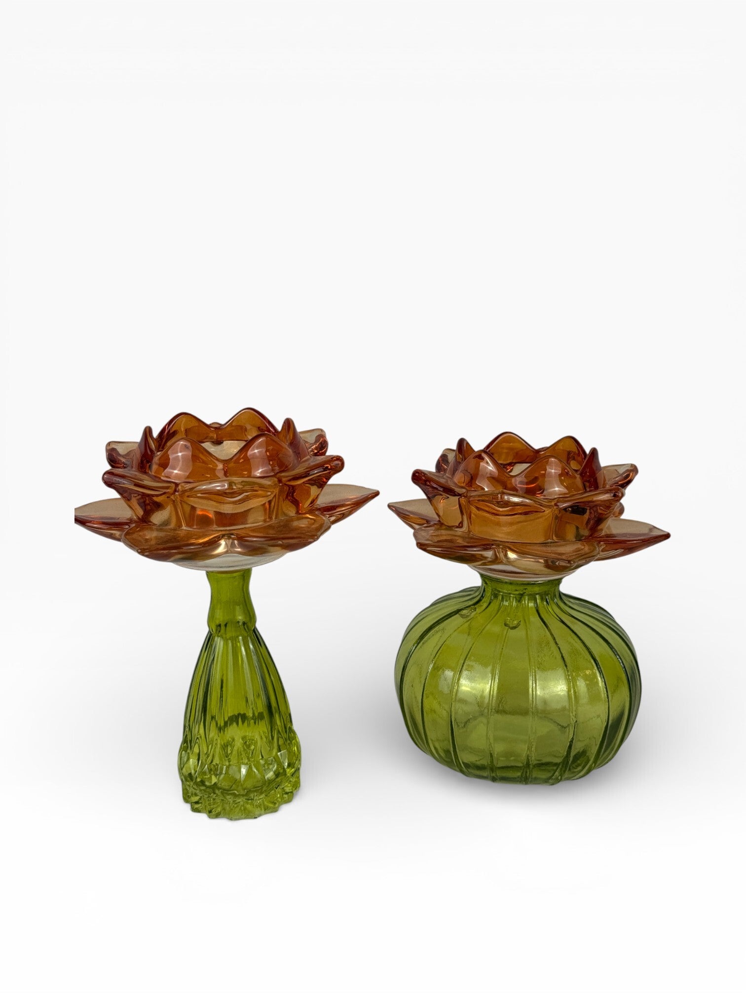 Vintage glazen waxinehouders – set van 2 | amber & groen