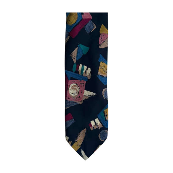 Vintage Stropdas met Abstract Print – Donkerblauw met Kleurrijke Details