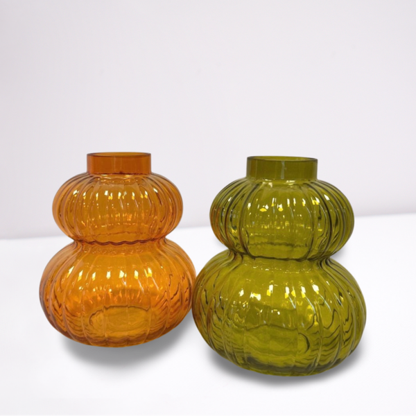 Vintage glazen vazen set – amber & groen ribbelglas