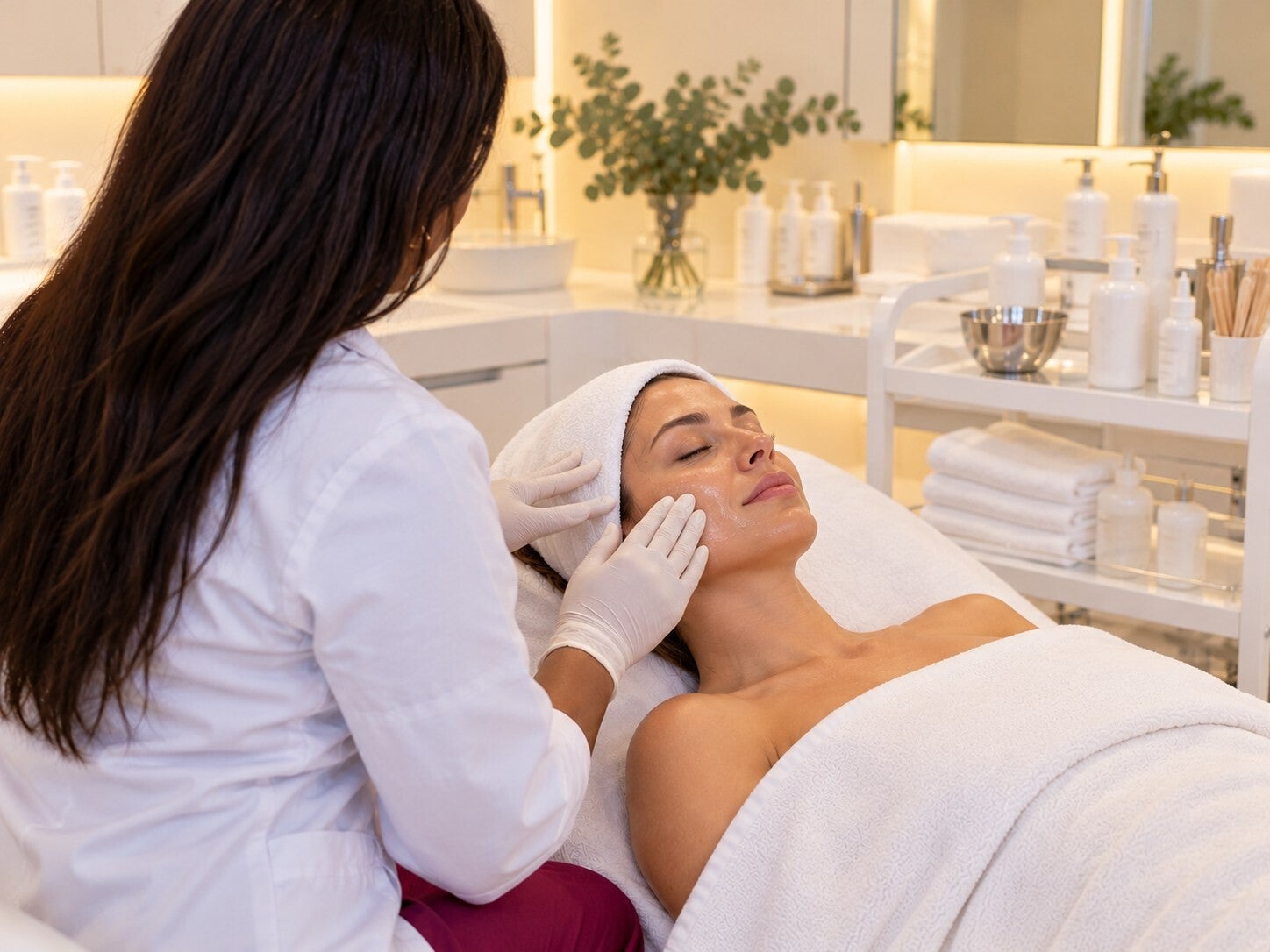 Enfermera aplicando un tratamiento de hidratación facial