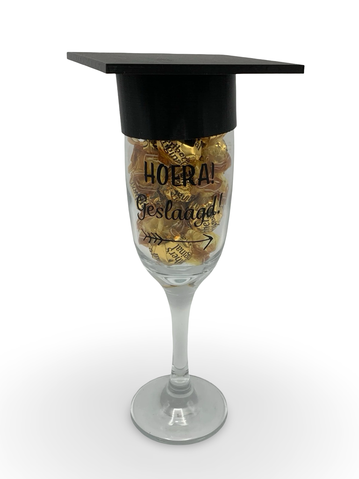 Champagneglas met examenhoedje
