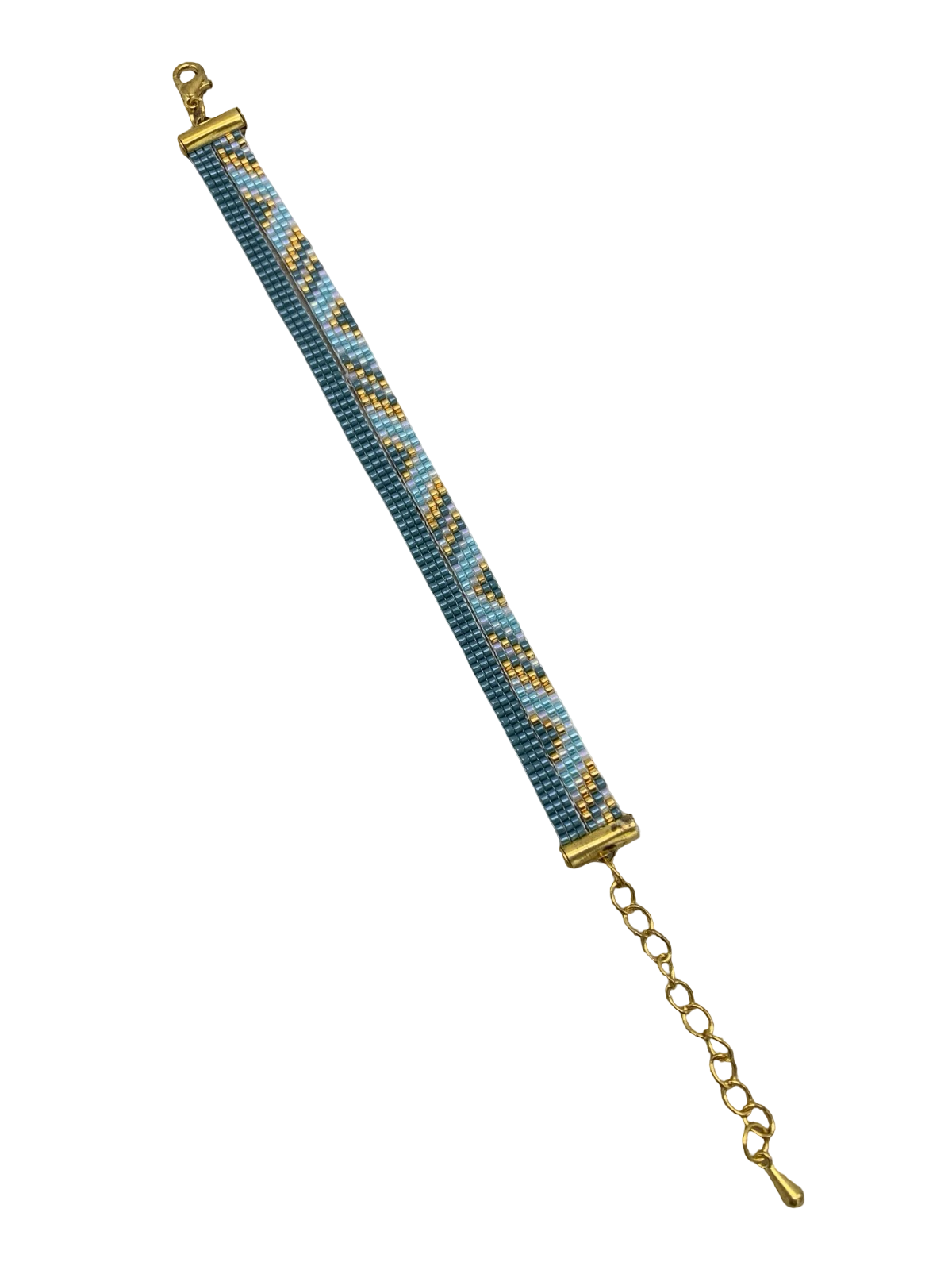 Geweven armband aqua/wit/goud