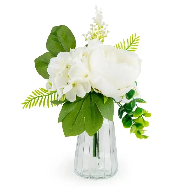 25cm White Roses in Glass Vase