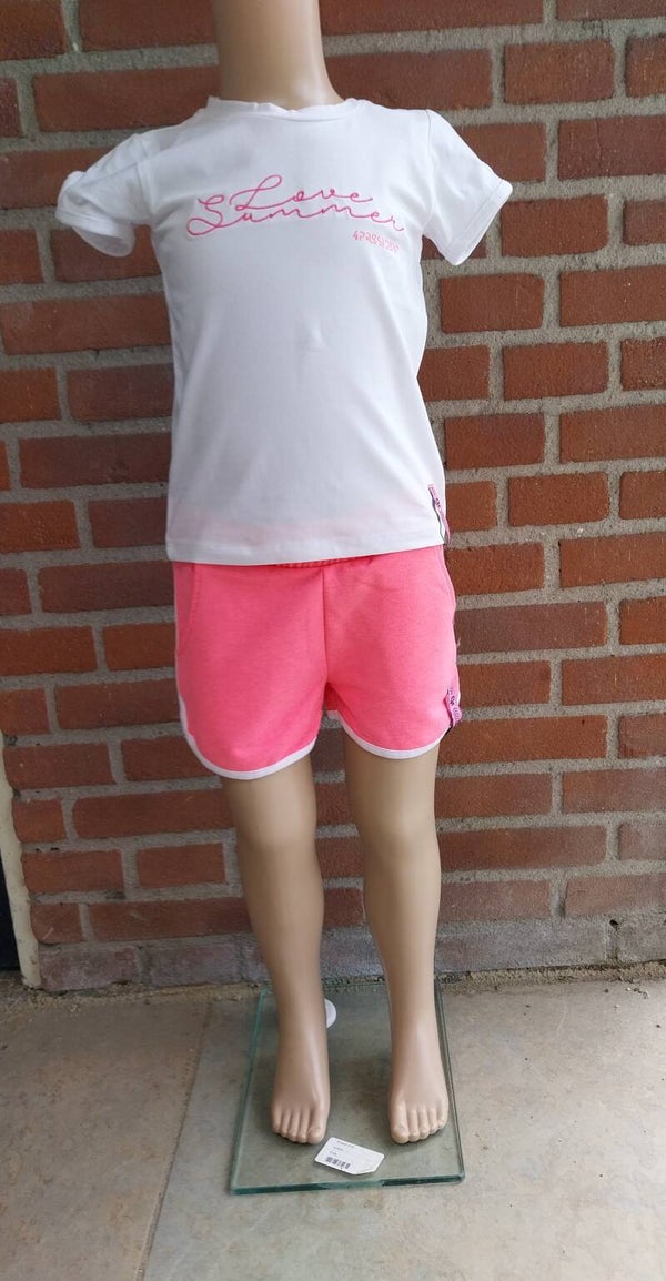 2 Delige set 4President wit/roze shirt + short maat 140 NIEUW vlekje