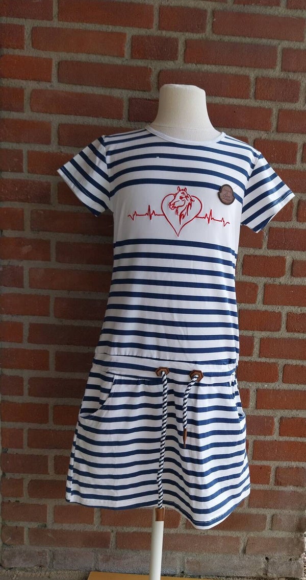 Jurk Squared and Cubed donkerblauw gestreept maat 152-158 NIEUW