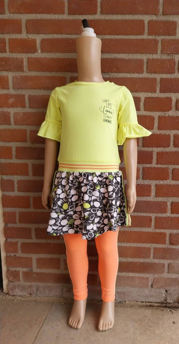 Jurk en legging 4President set Neon Geel/Bright Coral maat 104