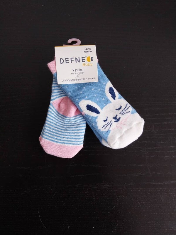 Defneb babysokjes met konijnengezichtje en roze streepjes - set van 2 paar 12-18 maanden