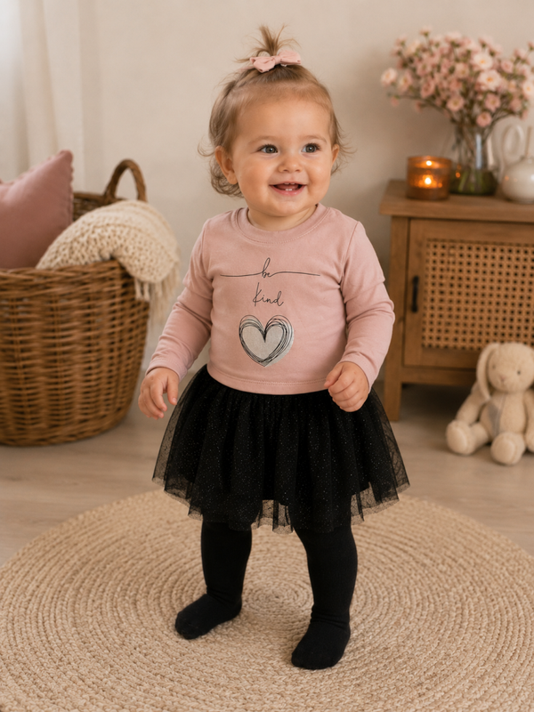 Jurk oudroze met zwarte tule en glitters