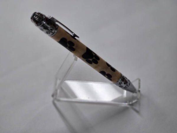 Le Stylo Chien Chrome Carrelet Érable Incrustation Pattes de Chiot Noir