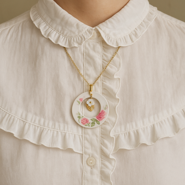 Collier "Jardin suspendu" , faïence Digoin recyclée, roses anciennes et fleur de nacre | acier inoxydable doré| idée cadeau femme | noces de faïence
