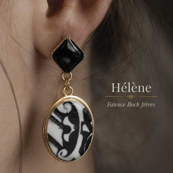 Boucles d’oreilles pendantes Hélène – faïence ancienne Boch Frères, vaisselle ancienne recyclée