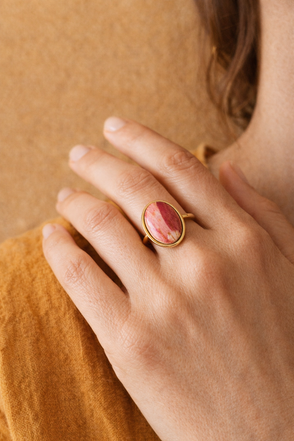 Bague Ornella , faïence Saint-Amand Dahlias , doré
