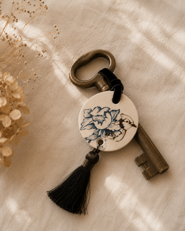 Bijou de meuble en faïence ancienne fin XIXe – décor floréal bleu craie et oiseau sépia