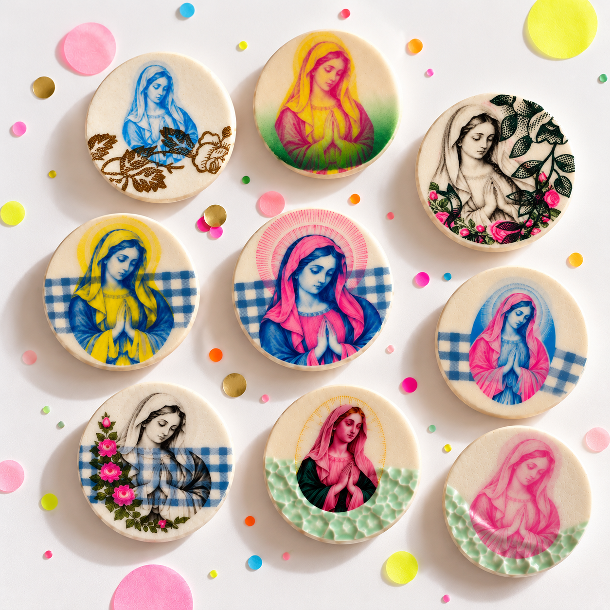 Broche Madone pop , faïence ancienne sérigraphiée