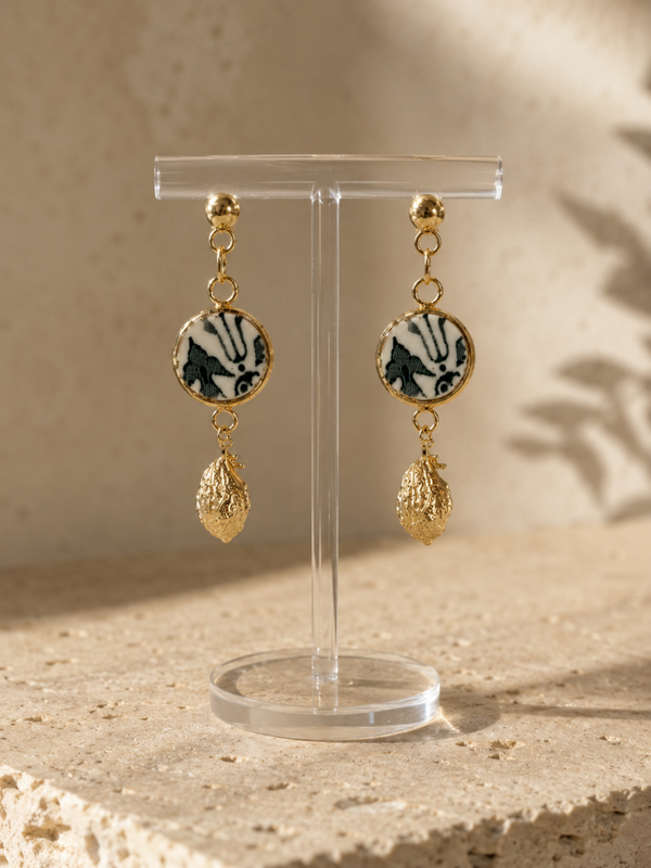 Boucles d’oreilles Gloria — faïence de Gien Rivoli fin XIXe, motif citron, vaisselle ancienne
