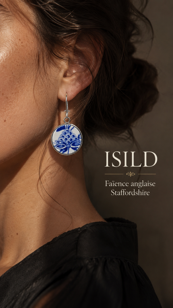 Boucles d'oreilles Isild , faïence bleue, vaisselle anglaise recyclée