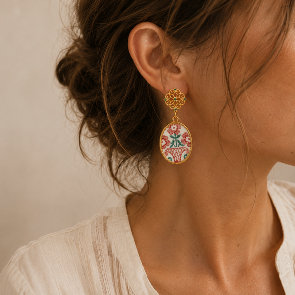 Boucles d'oreilles Bertille, faïence st Amand Art déco fleurie