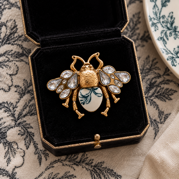 Broche Abeille – Faïence ancienne Terre de Fer, décor Chèvrefeuille