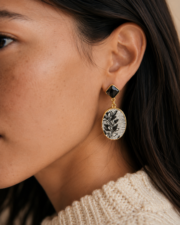 Boucles d’oreilles Victoria — Faïence de Gien noire et blanche