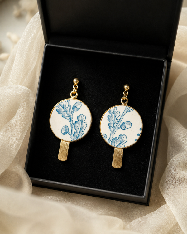 Boucles d'oreilles Alix , faïence de Sarreguemines Chênes, art nouveau