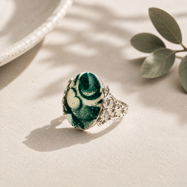 Bague Hortense, faïence Longchamp bleu-vert
