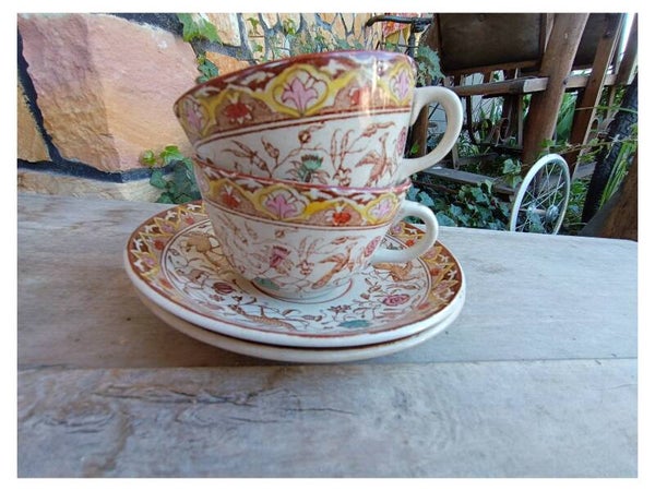 Paire de tasses à café et sous tasses HB et cie polychrome