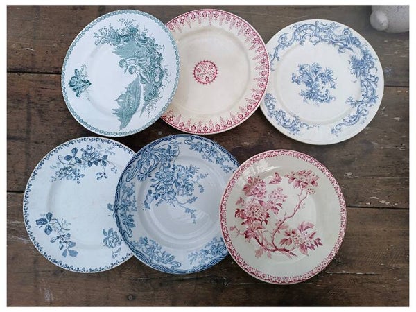 Six assiettes plates dépareillées, faïence terre de fer, Gien , saint Amand, U&C Sarreguemines