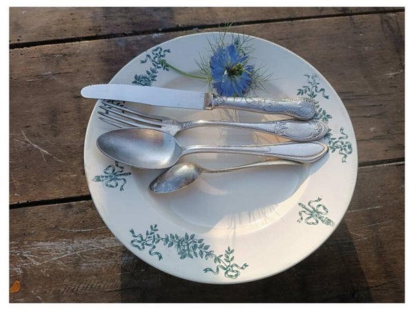 Assiettes plates , Sapho , faïence terre de fer Longchamp décor fleuri vert