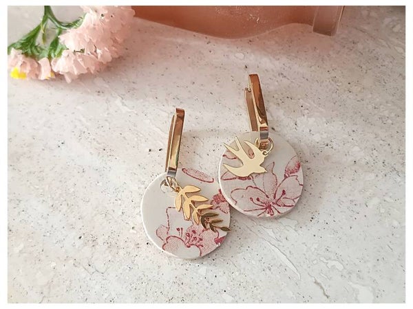 Boucles d'oreilles Agathe , Sarreguemines Favoris rose recyclée, acier inoxydable doré