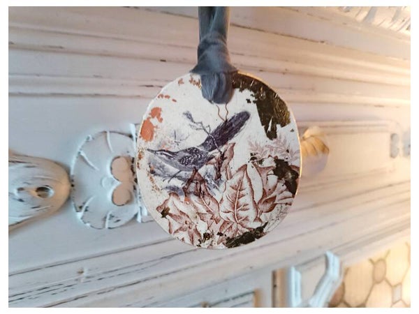 Grand médaillon mural, faïence de Longchamp liserons sépia, oiseau et Feuille d'or