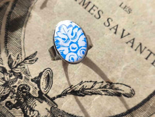 Bague, Gaëlle, bleue faïence Saint Amand Hamage recyclée argenté