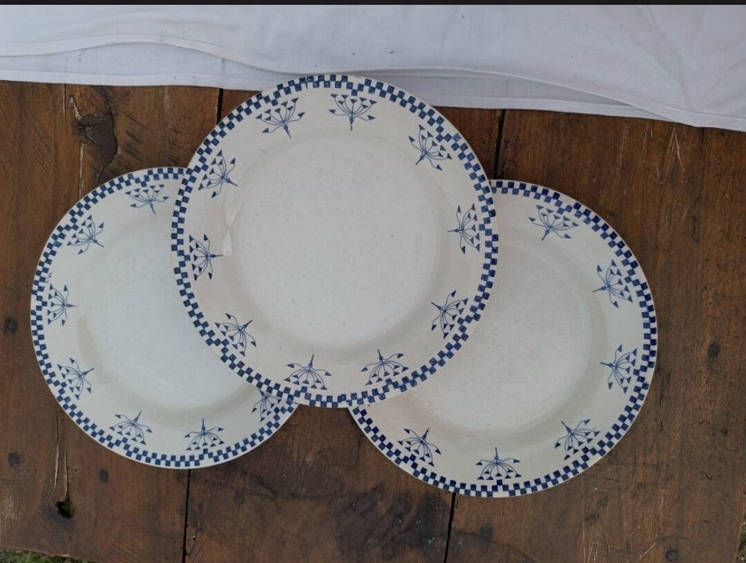 10 assiettes plates , damier bleu , Creil et Montereau Labrador faïence terre de fer