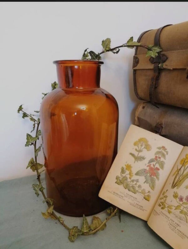 Grand pot d'apothicaire 5 litres , verre ambré vintage