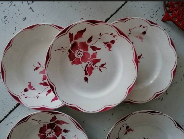 5 assiettes plates fleuries , Gien , décor 406 rose