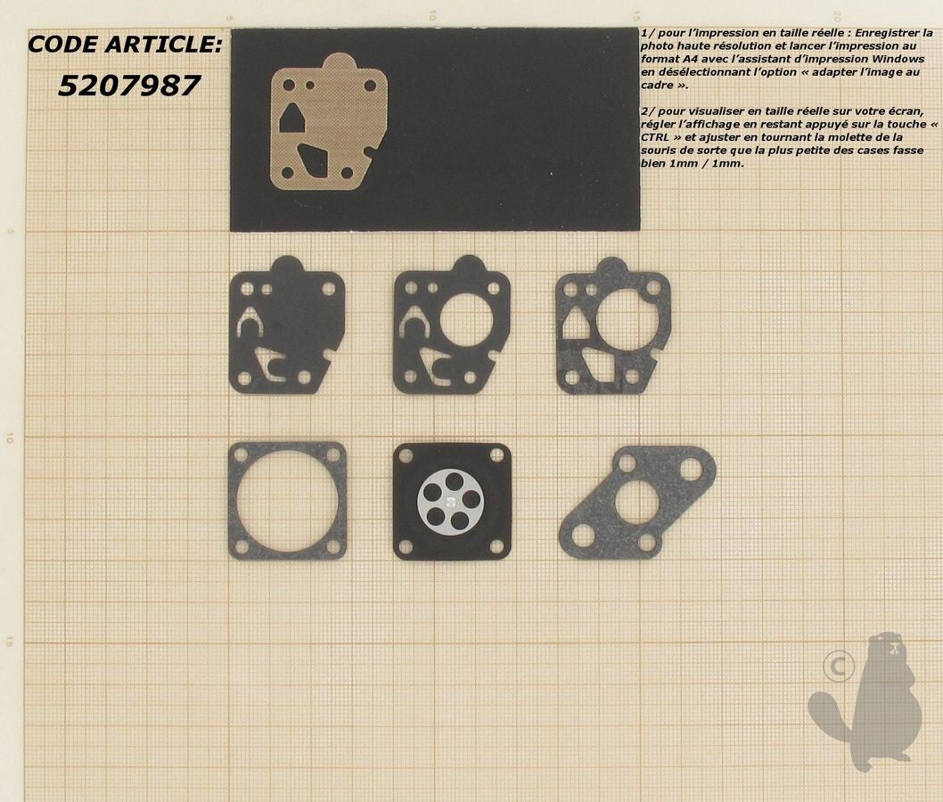 Kit membranes et joints carburateur adaptable TK (TK1) adaptable pour moteurs POULAN Pro 200, Marunaka, Kawasaki TD48, HOMELITE et SHINDAIWA T20, C35  Réf: 5207987 / 18-121