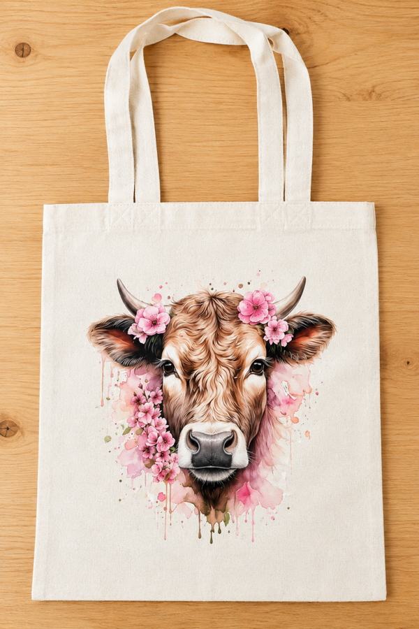 Totebag koe met bloemen