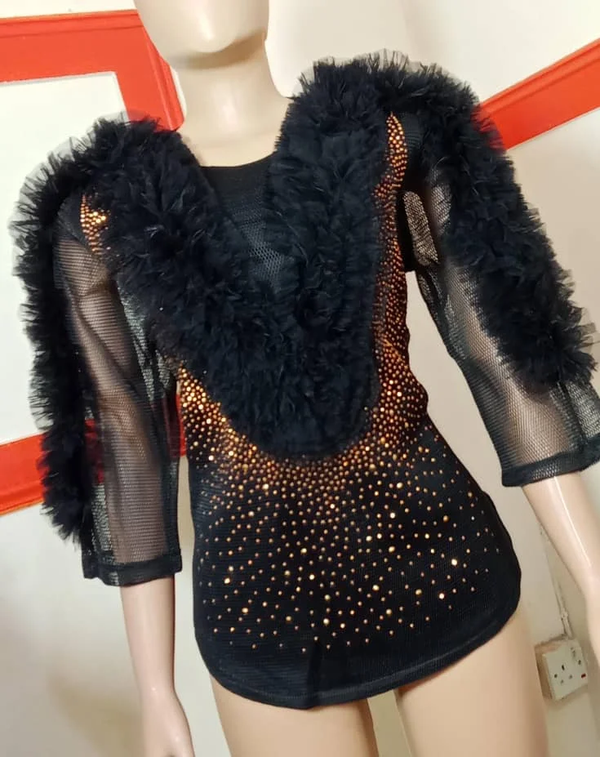 Black Colour Ruffled Plaited Stone Blouse