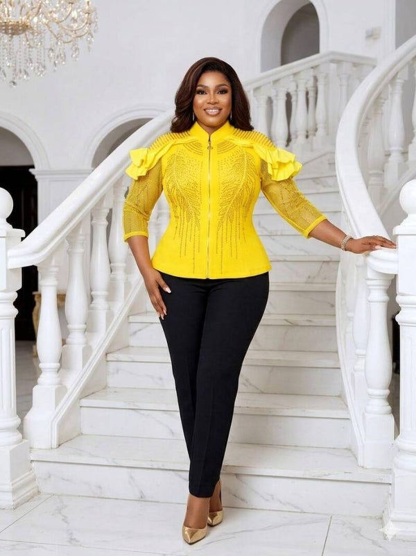 Ruffle Shoulder Embellished Peplum Top