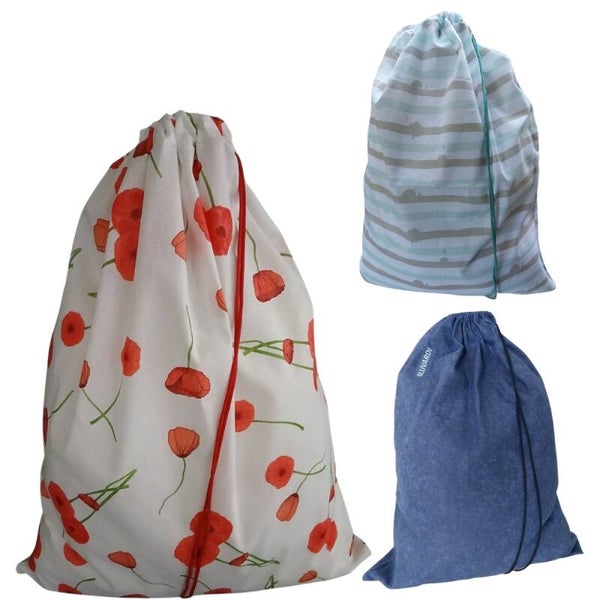 Bluvardi katoenen waszakken set van 3 stuks - XXL -flowers blauw- energy- blauw