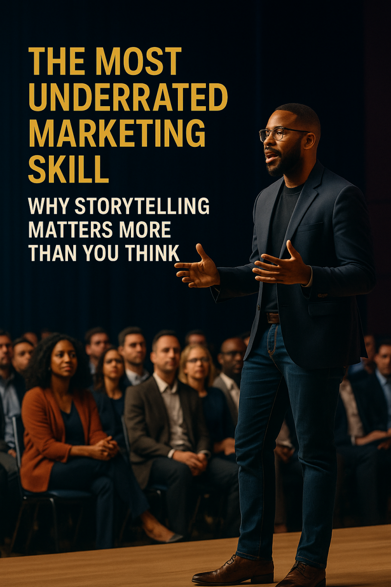 A man in casual business attire stands confidently on stage at a conference, engaging an audience with a storytelling presentation. Overlaid text reads “The Most Underrated Marketing Skill: Why Storytelling Matters More Than You Think.”