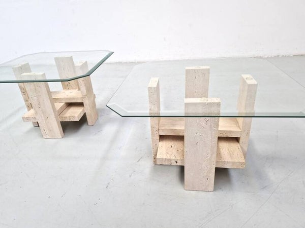 Travertin and Glass Side Tables, Belgium 1970s