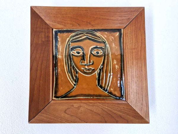 Midcentruy Tile Art in Wooden Frame, Vilà Clara Ceramistes
