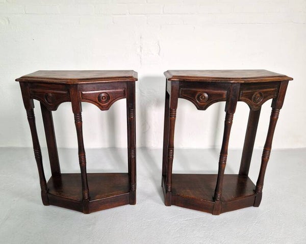 Pair of English 1920s Carved Oak Sidetables