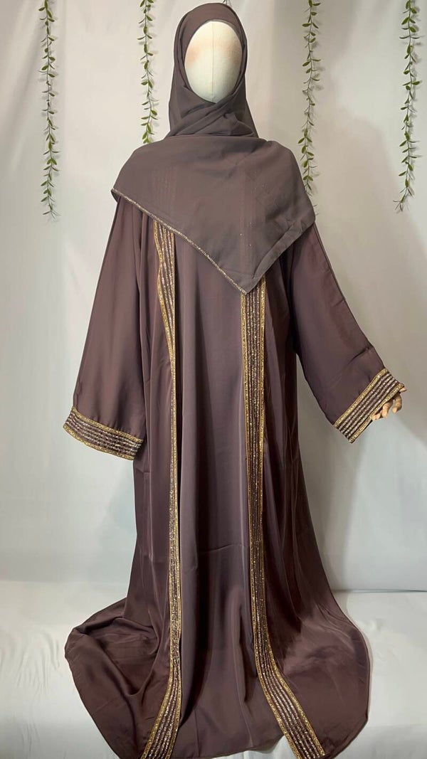 Abaya Alya – Lila mit goldenem Glitzerbesatz