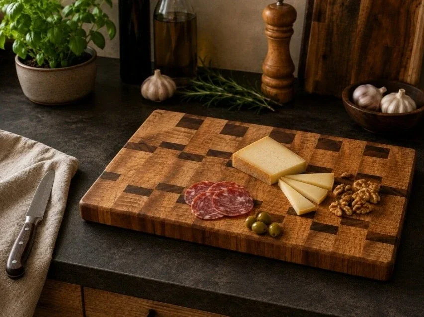 Planche Galet en bois de bout présentée pour l’apéritif