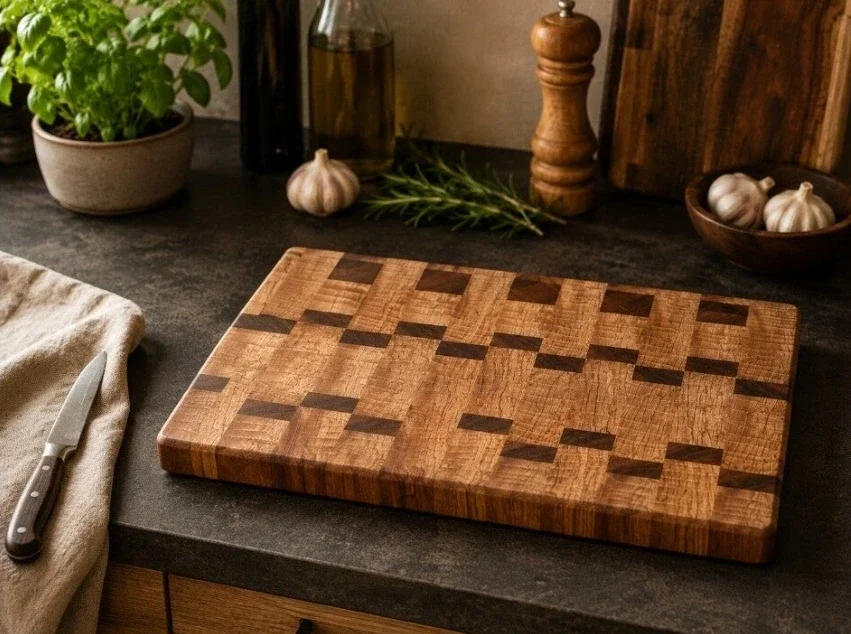Détail du veinage d’une planche Galet en bois de bout