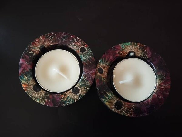 Duo Cardère Boréale – Lot de 2 porte-bougies en cardère et résine violette/verte